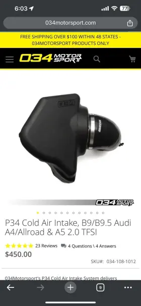 034-108-1012 034 Motorsport 034motorsport P34 Cold Air Intake System For B9 Audi A4/allroad And A5 2.0